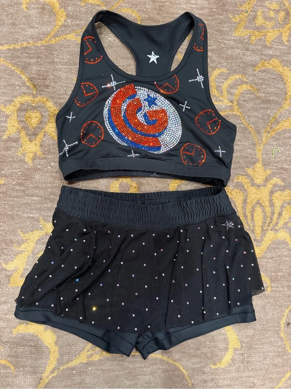 Black Athletic Rhinestone Sports Bra & Skort Set - Picture 1 of 6